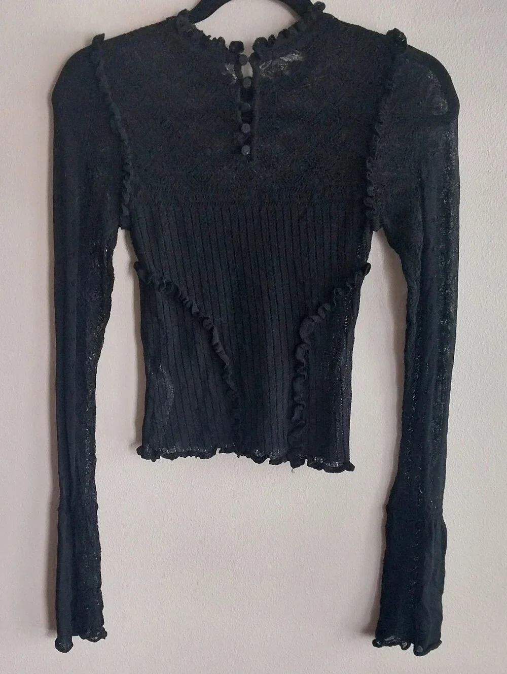 Zara Black Sheer Lace Pointelle Knit Ruffle Trim Long Bell Sleeve Top NWOT